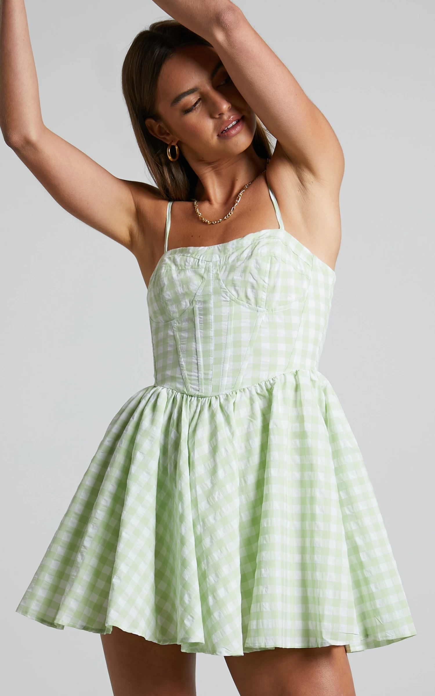 Showpo Madelyn Mini Dress - Fit And Flare Corset Dress In Mint Green Gingham - Image 4