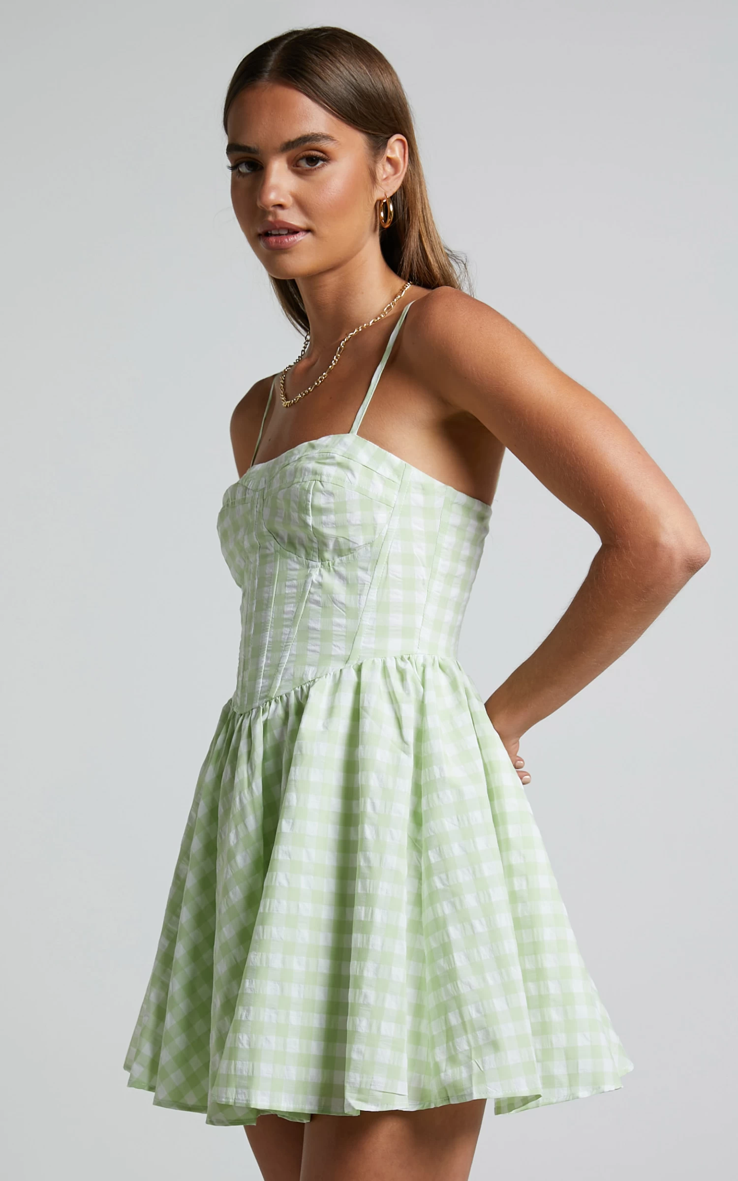 Showpo Madelyn Mini Dress - Fit And Flare Corset Dress In Mint Green Gingham - Image 5
