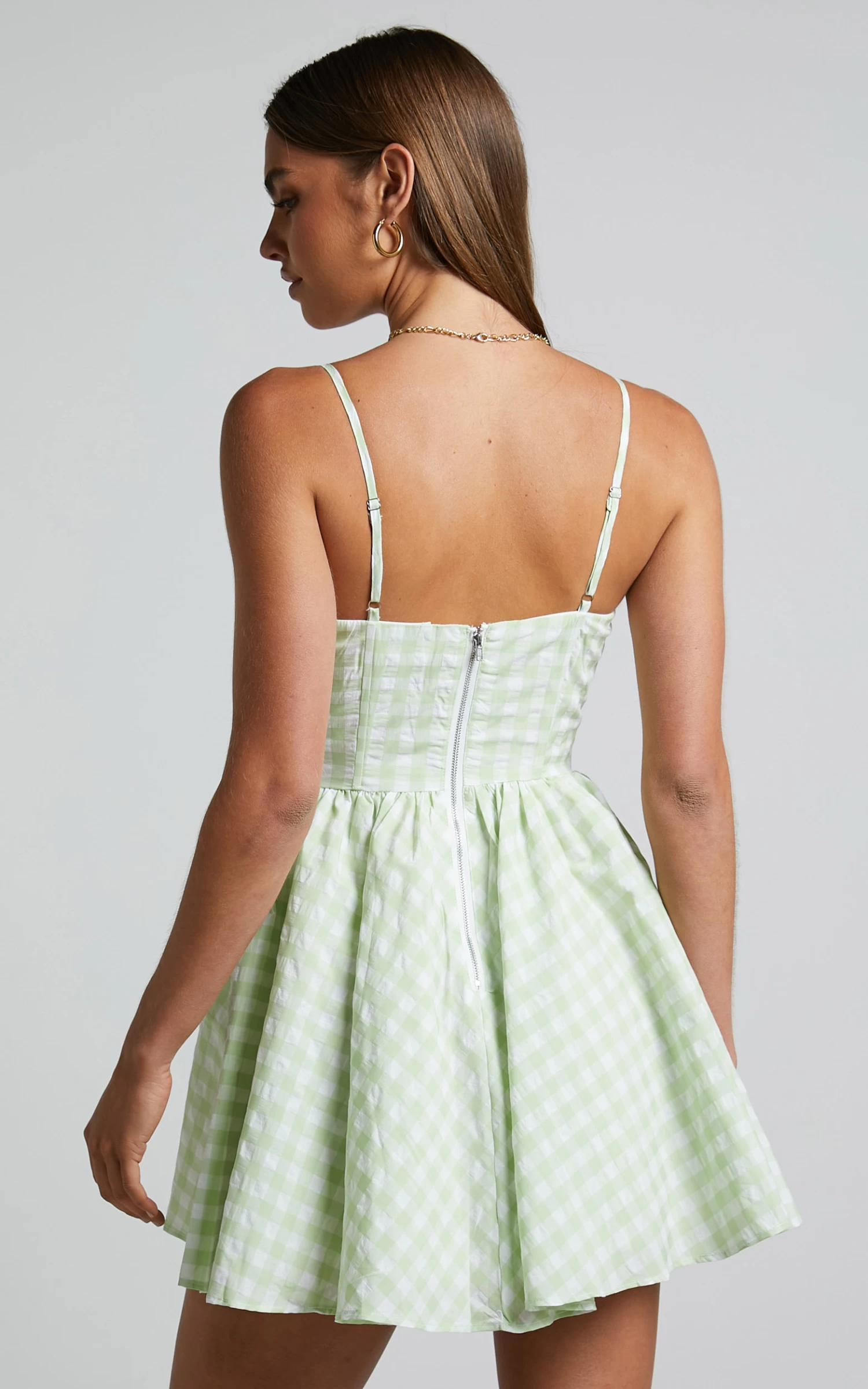 Showpo Madelyn Mini Dress - Fit And Flare Corset Dress In Mint Green Gingham - Image 7