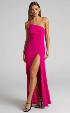 Showpo Magnaye Maxi Dress - One Shoulder Thigh Split Dress In Pink Stretch Crepe