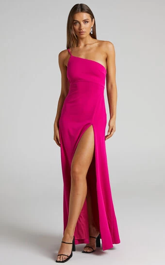 Showpo Magnaye Maxi Dress - One Shoulder Thigh Split Dress In Pink Stretch Crepe
