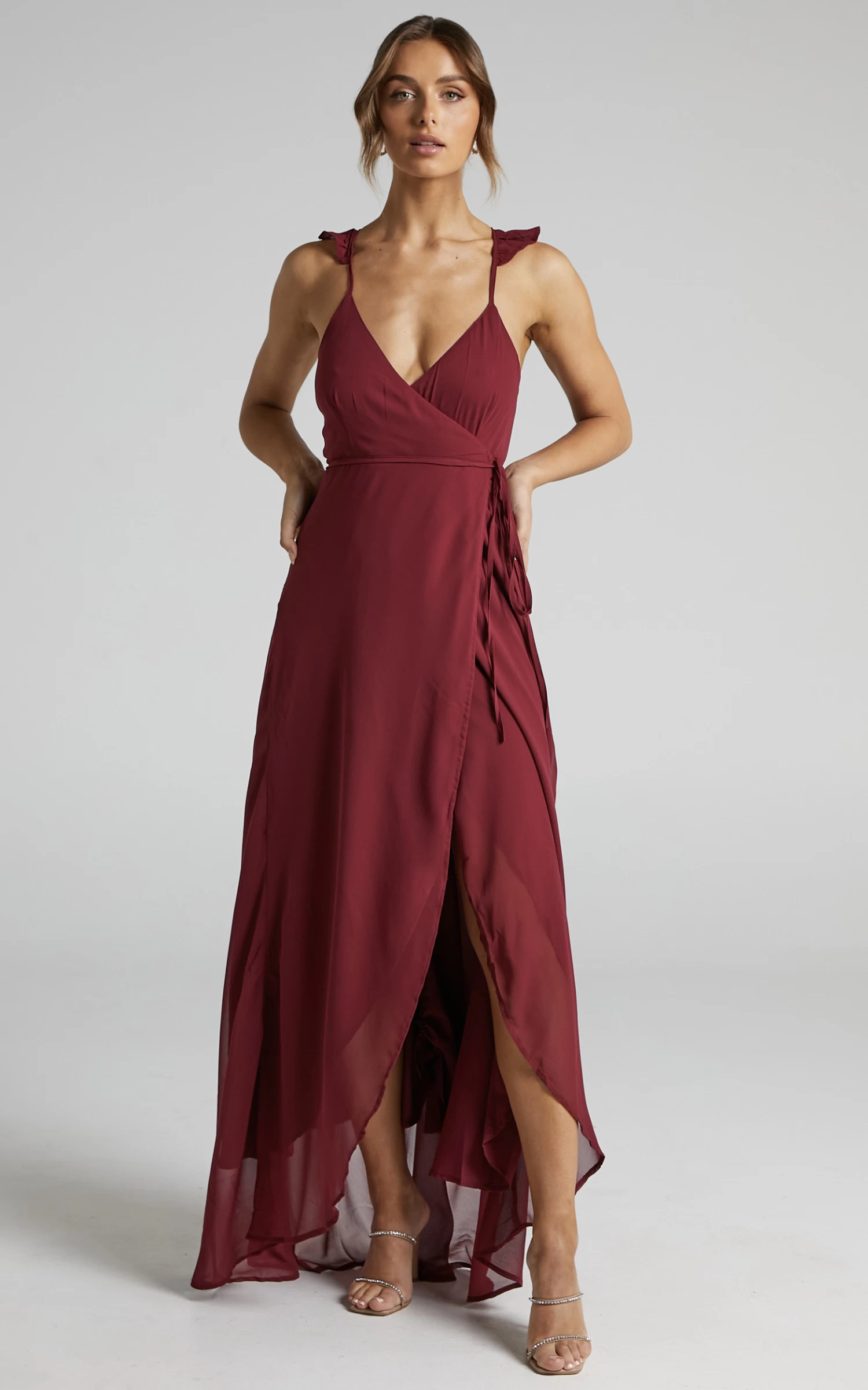 Showpo Maibelle Frill Shoulder Wrap Dress Maxi Dress In Wine - Image 3
