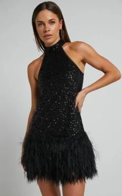 Showpo Malisha High Neck Faux Feather Mini Dress In Black