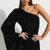 Showpo Malisha One Shoulder Flare Sleeve Mini Dress In Black Sequin