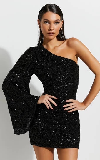 Showpo Malisha One Shoulder Flare Sleeve Mini Dress In Black Sequin