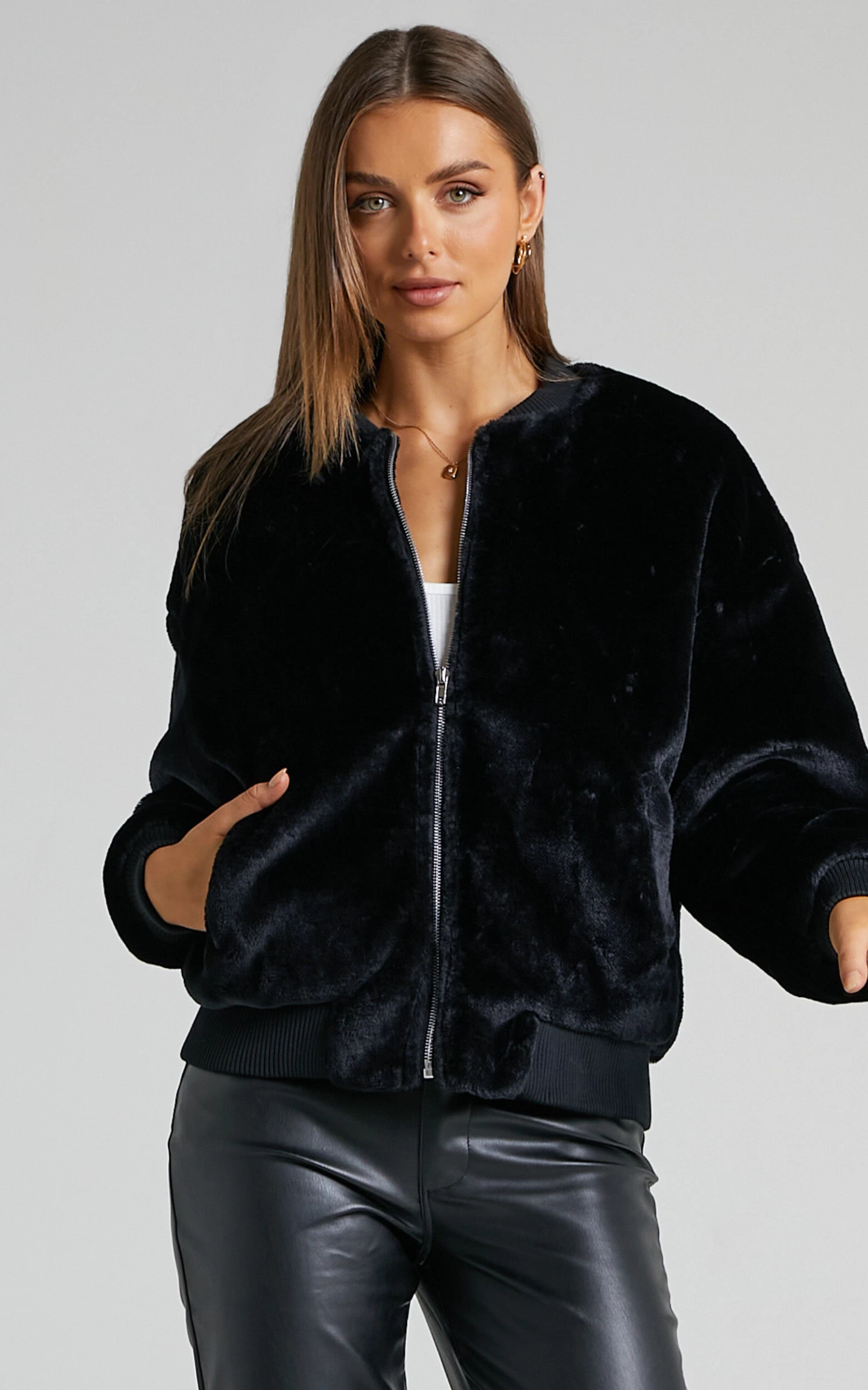 Showpo Mandy Faux Fur Bomber Jacket In Black - Image 2