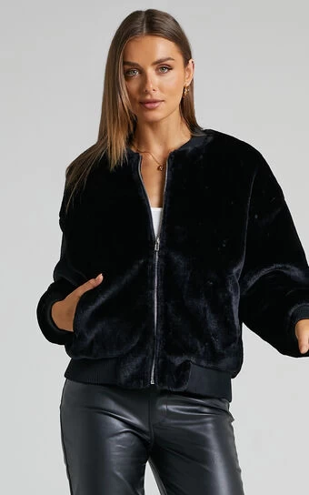 Showpo Mandy Faux Fur Bomber Jacket In Black