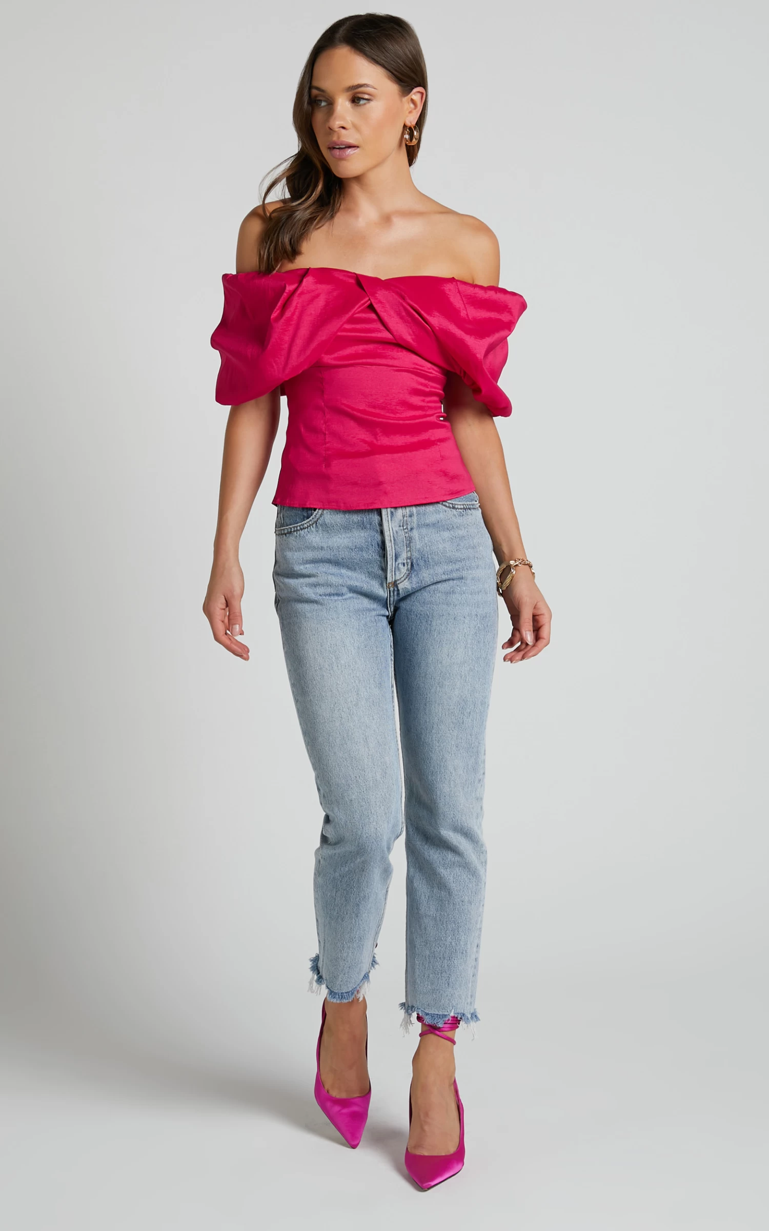 Showpo Marie Top - Off Shoulder Short Puff Sleeve In Hot Pink - Image 3
