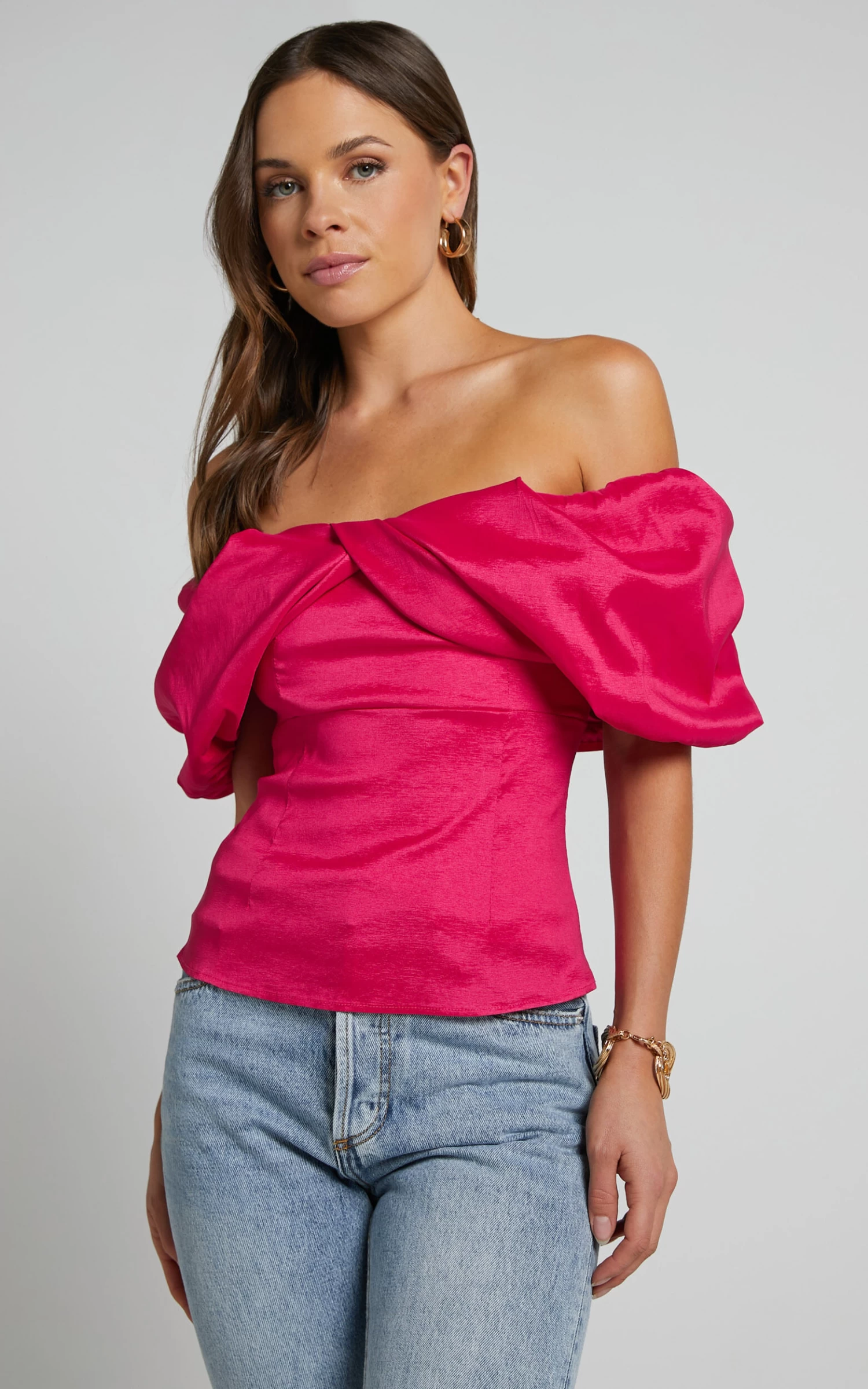 Showpo Marie Top - Off Shoulder Short Puff Sleeve In Hot Pink - Image 7