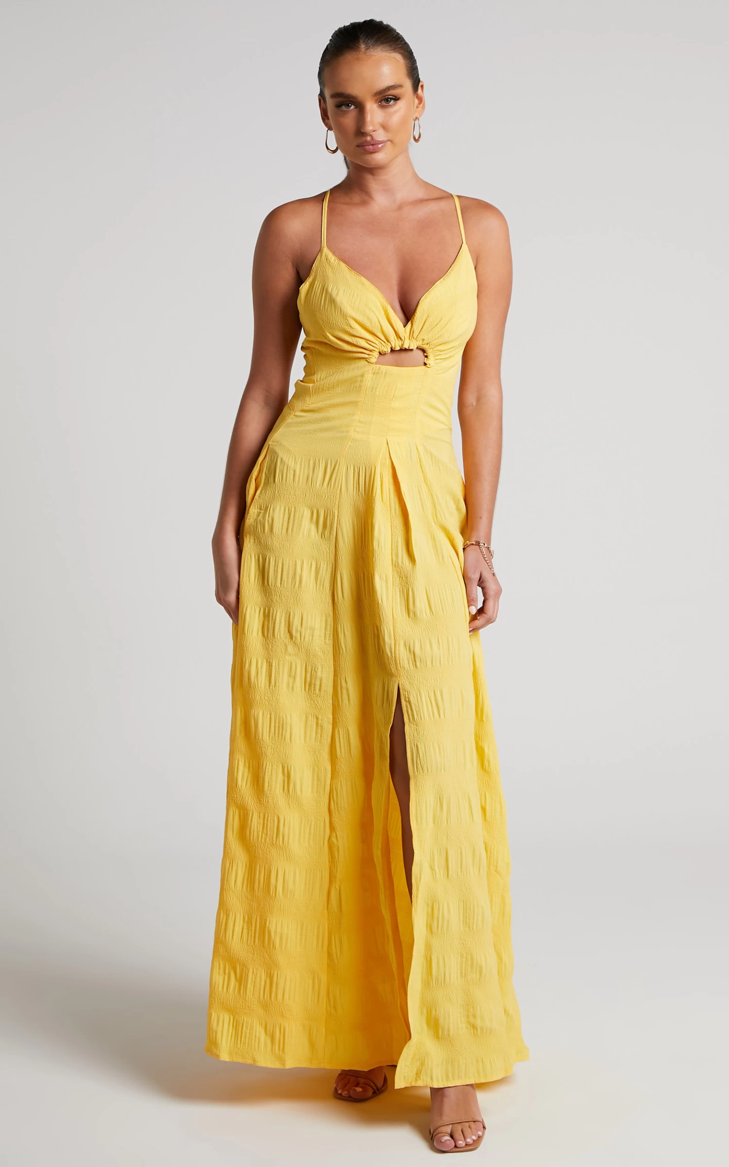 Showpo Marisse Maxi Dress - Cut Out Front Split Cross Back Textured Dress In Yellow - Image 4