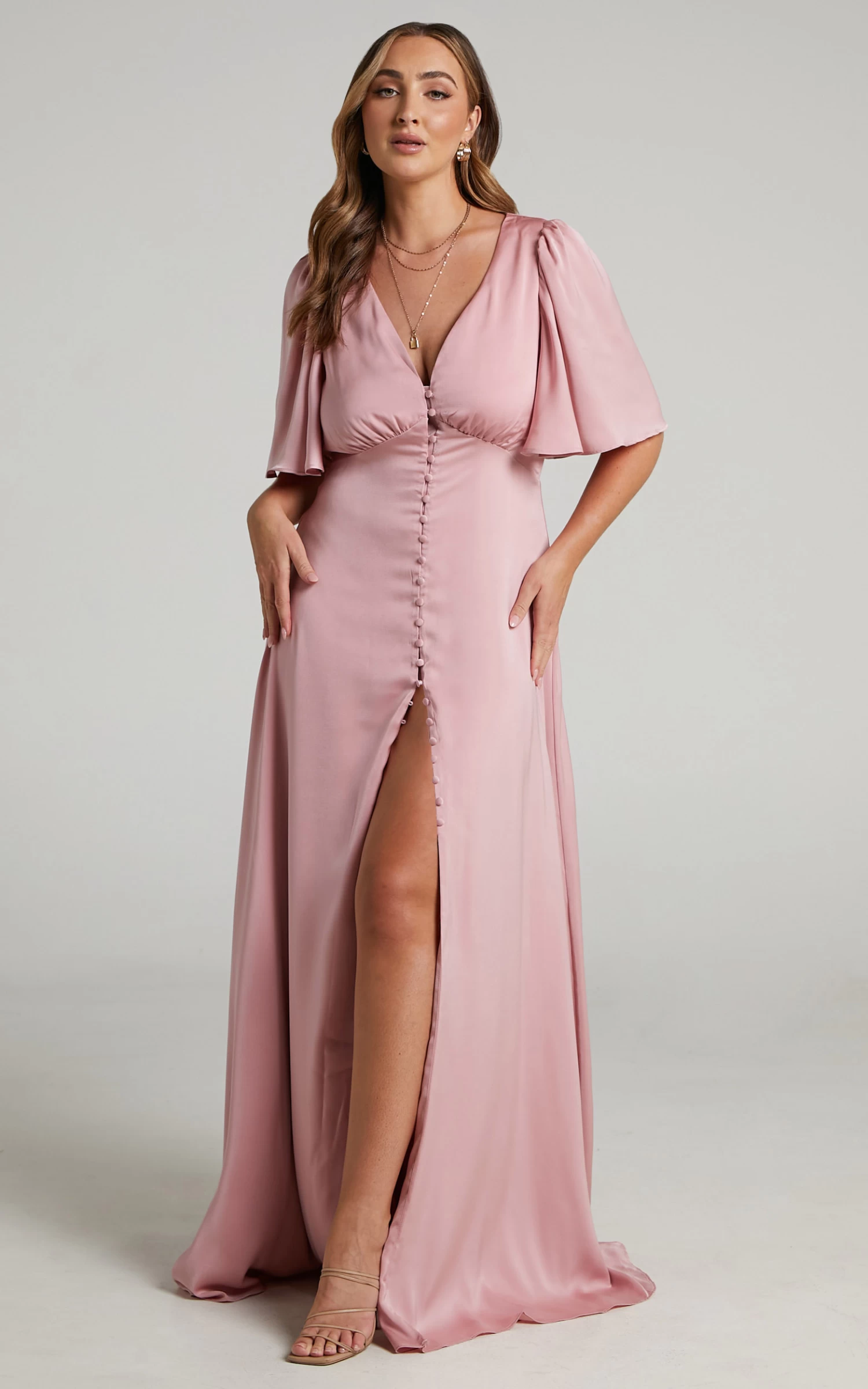 Showpo Maryam Maxi Dress - Button Front Flutter Sleeve Dress In Dusty Pink - Image 2