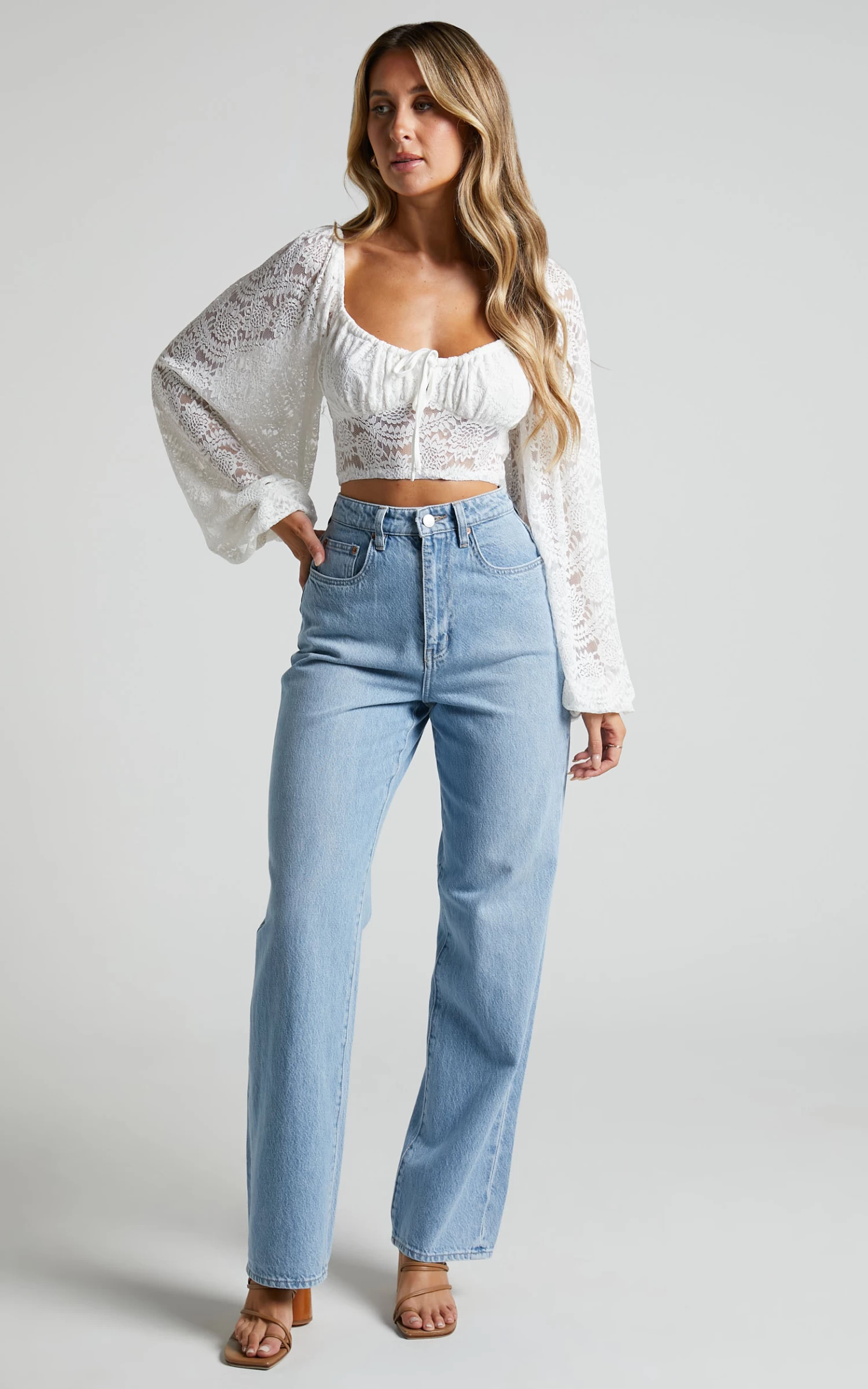 Showpo Mehca Lace Blouson Sleeve Crop Top In White - Image 3