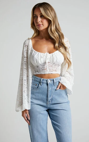 Showpo Mehca Lace Blouson Sleeve Crop Top In White