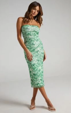 Showpo Brunetta Strapless Mesh Midi Dress In Green Furnishing Florals