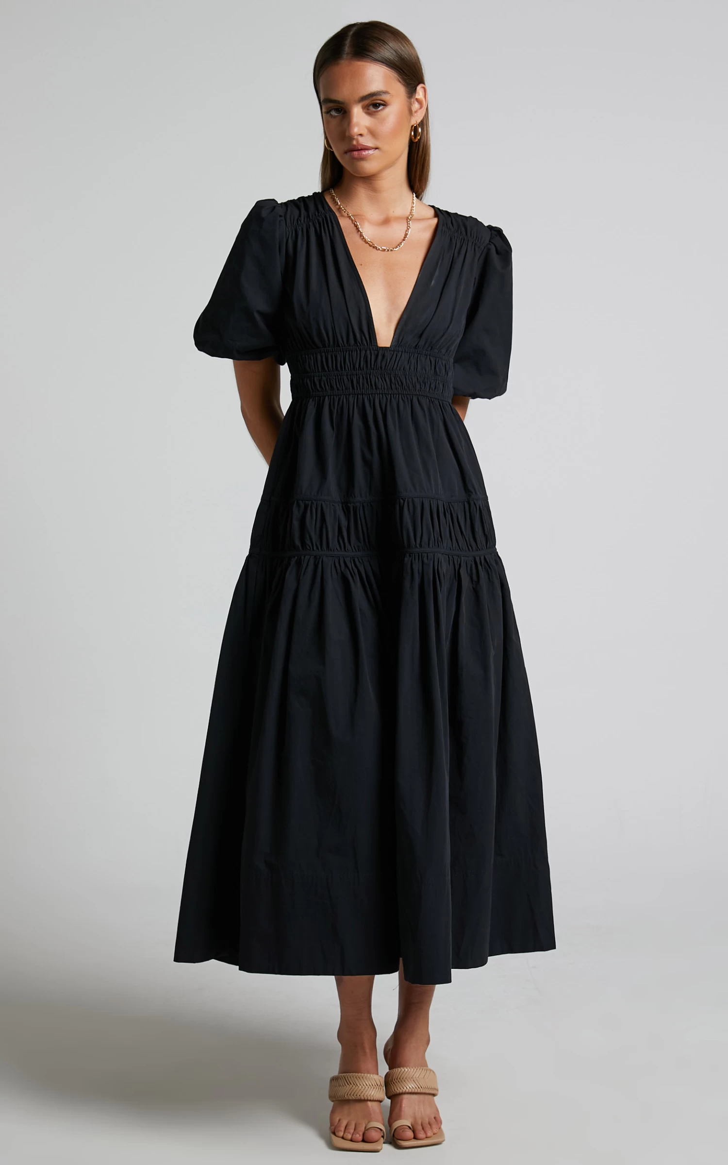 Showpo Mellie Midi Dress - Puff Sleeve Plunge Tiered Dress In Black - Image 5