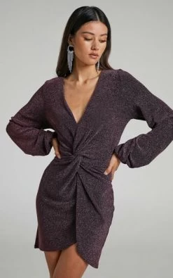 Showpo Mercia Twist Front Long Sleeve Mini Dress In Dark Pink