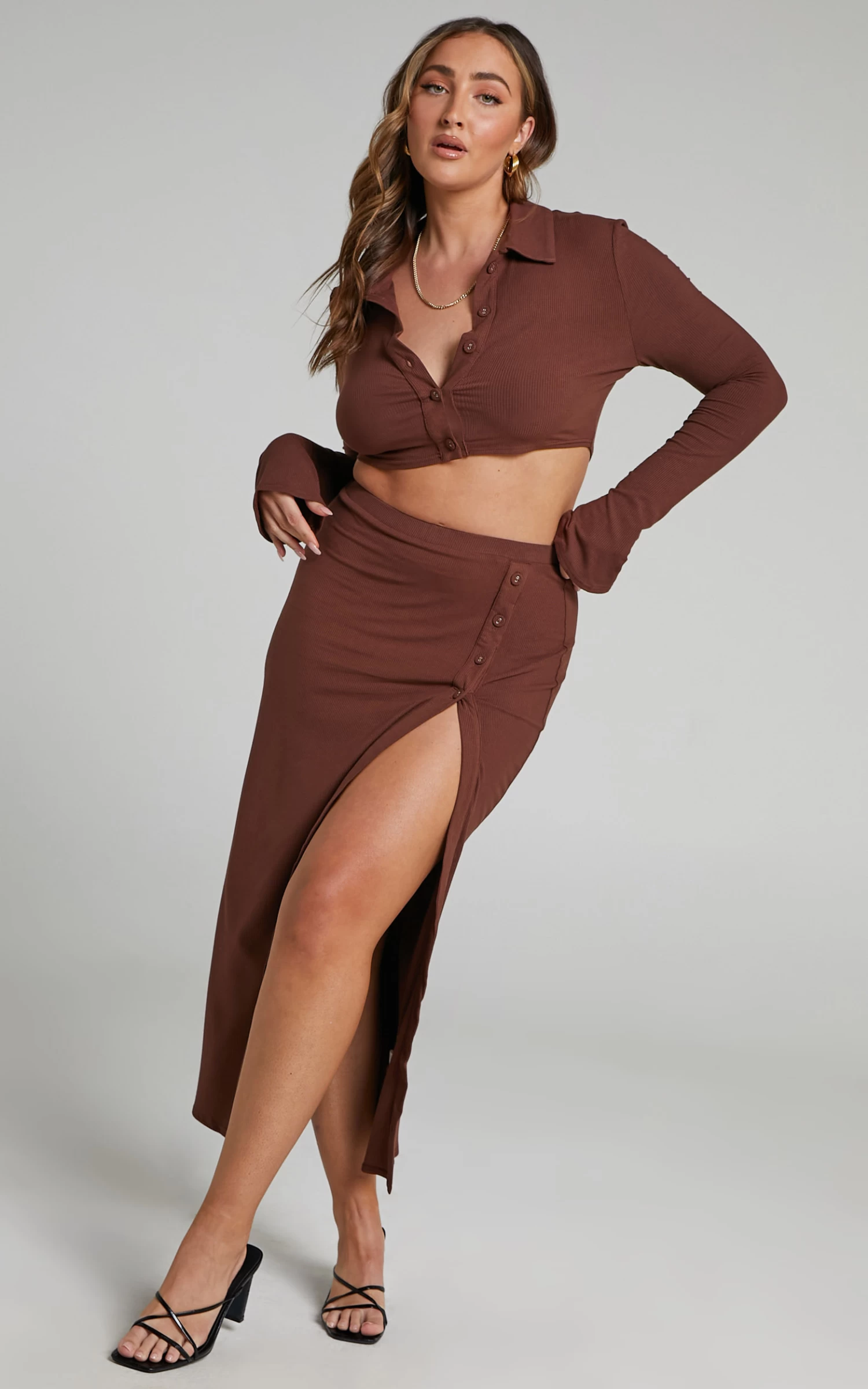Showpo Meschelle Collared Button Front Crop Top And Side Split Midi Skirt Two Piece Set In Chocolate - Image 3