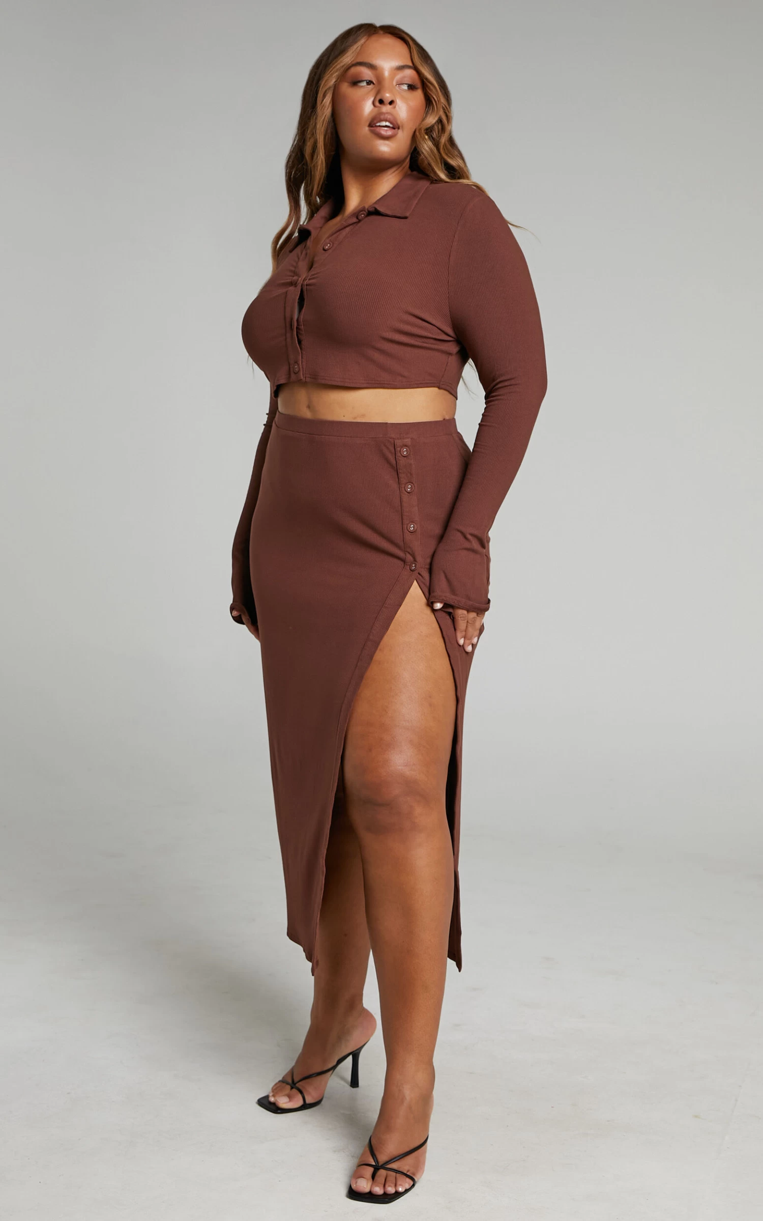 Showpo Meschelle Collared Button Front Crop Top And Side Split Midi Skirt Two Piece Set In Chocolate - Image 4