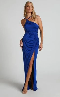 Showpo Mhira One Shoulder Side Split Maxi Dress In Blue