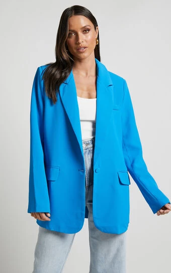 Showpo Michelle Oversized Plunge Neck Button Up Blazer In Blue