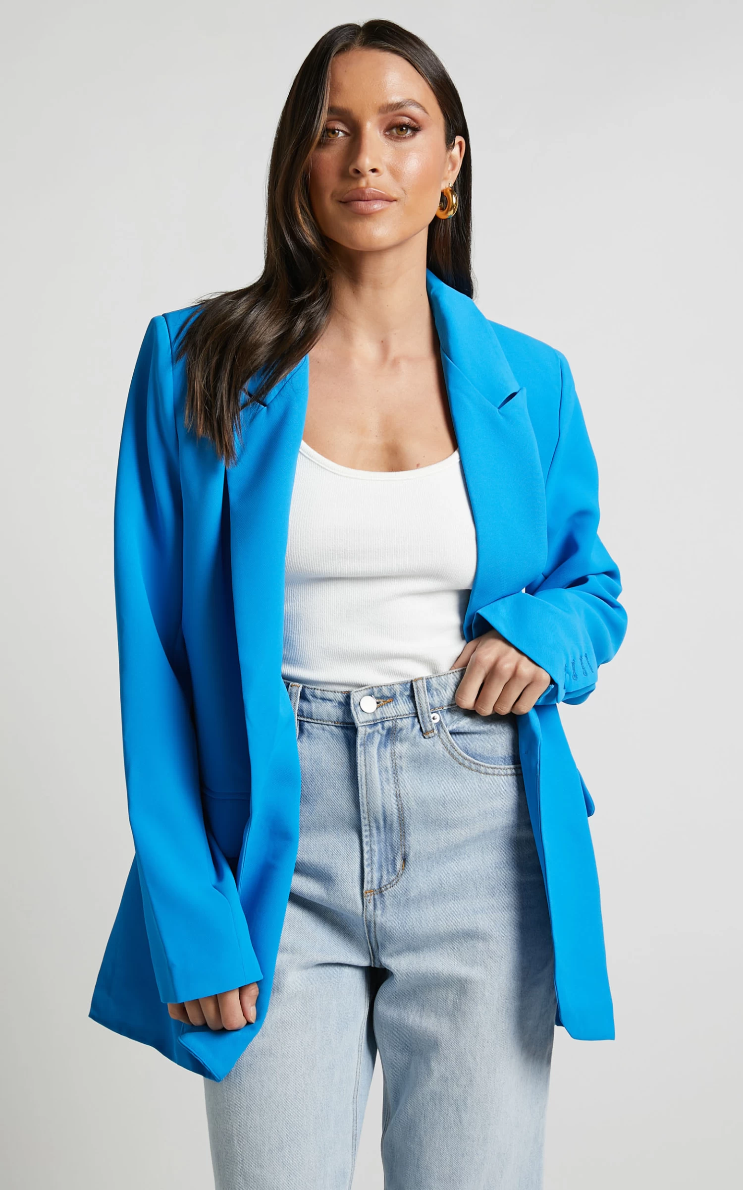 Showpo Michelle Oversized Plunge Neck Button Up Blazer In Blue - Image 5