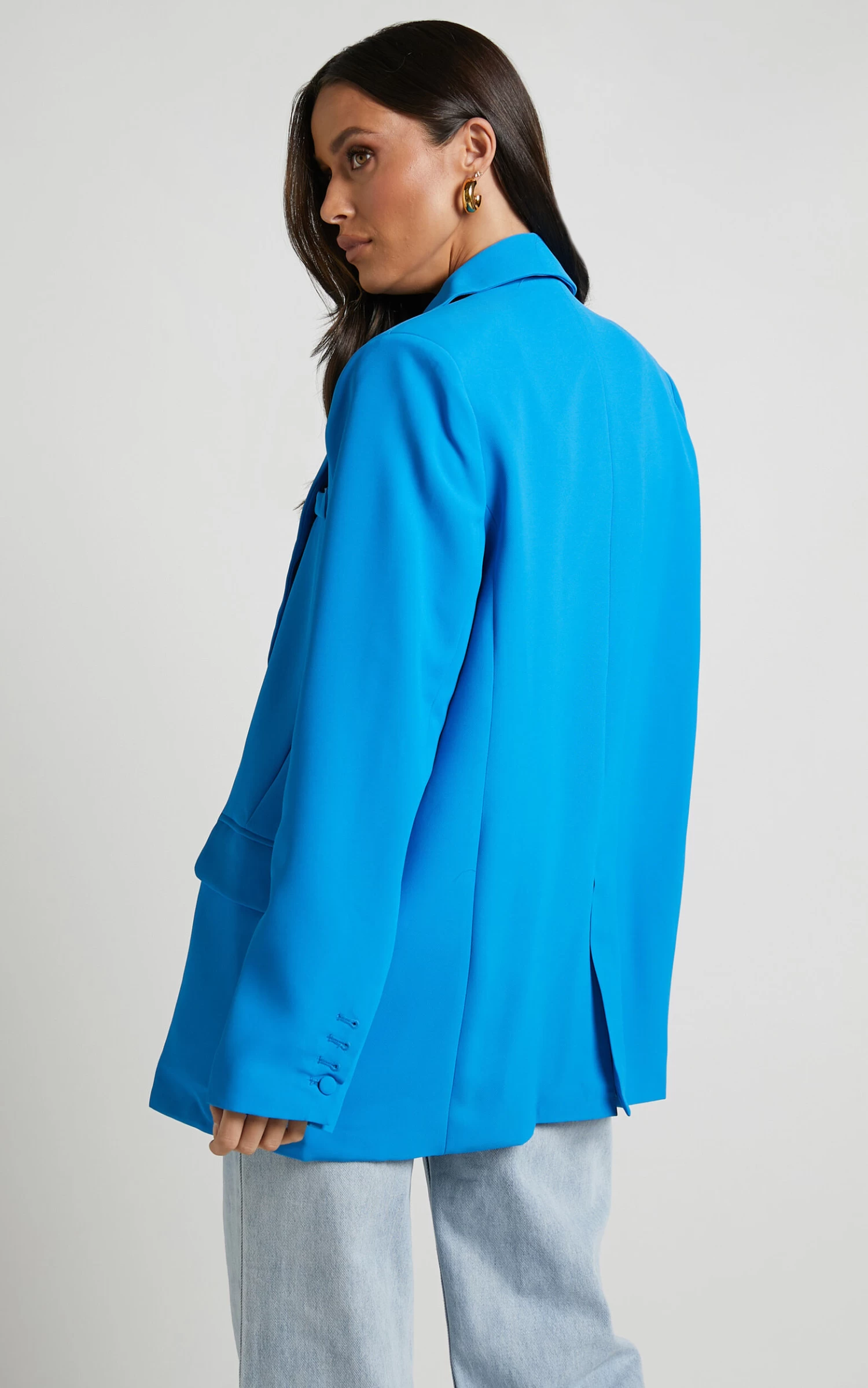 Showpo Michelle Oversized Plunge Neck Button Up Blazer In Blue - Image 8