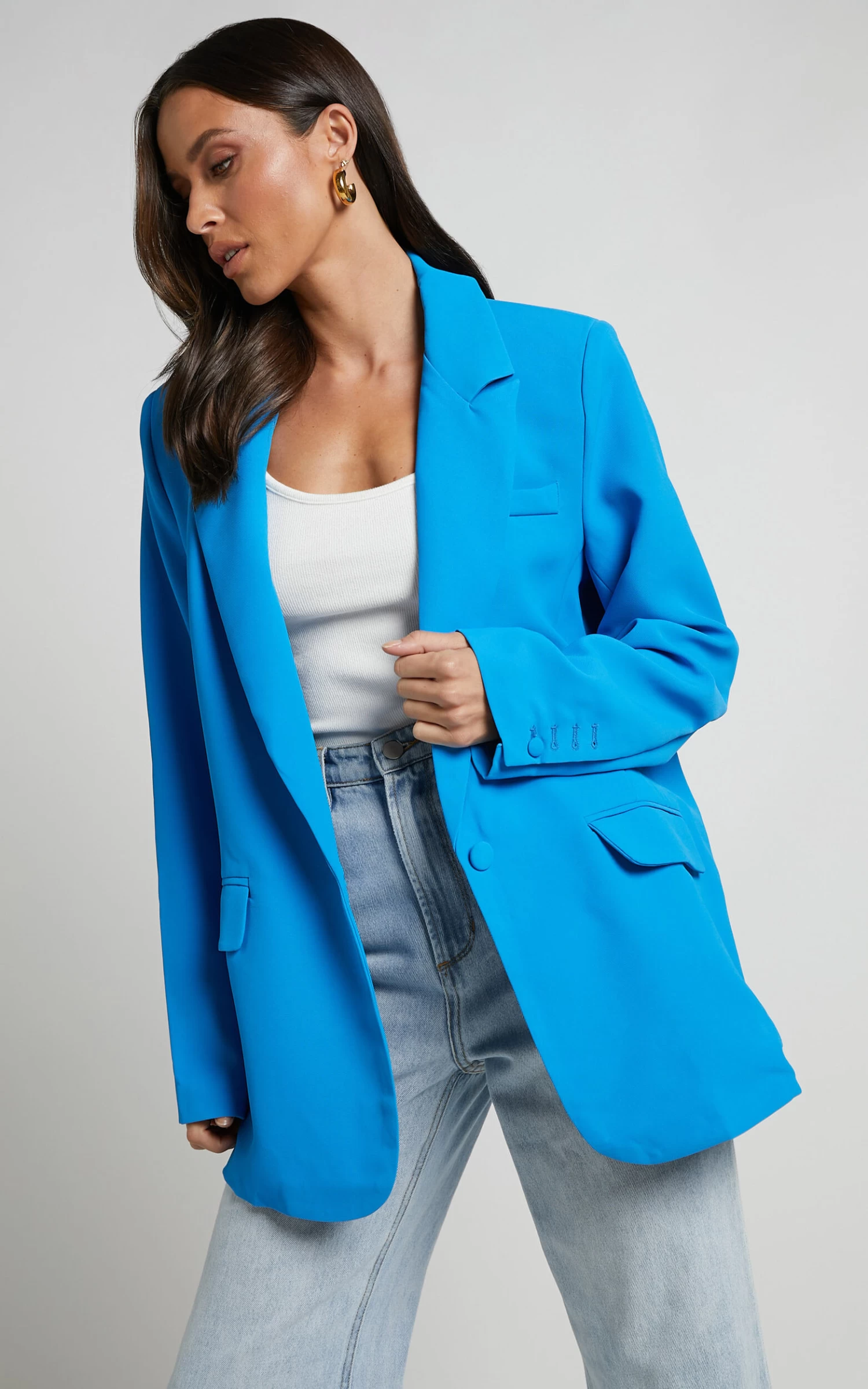 Showpo Michelle Oversized Plunge Neck Button Up Blazer In Blue - Image 6