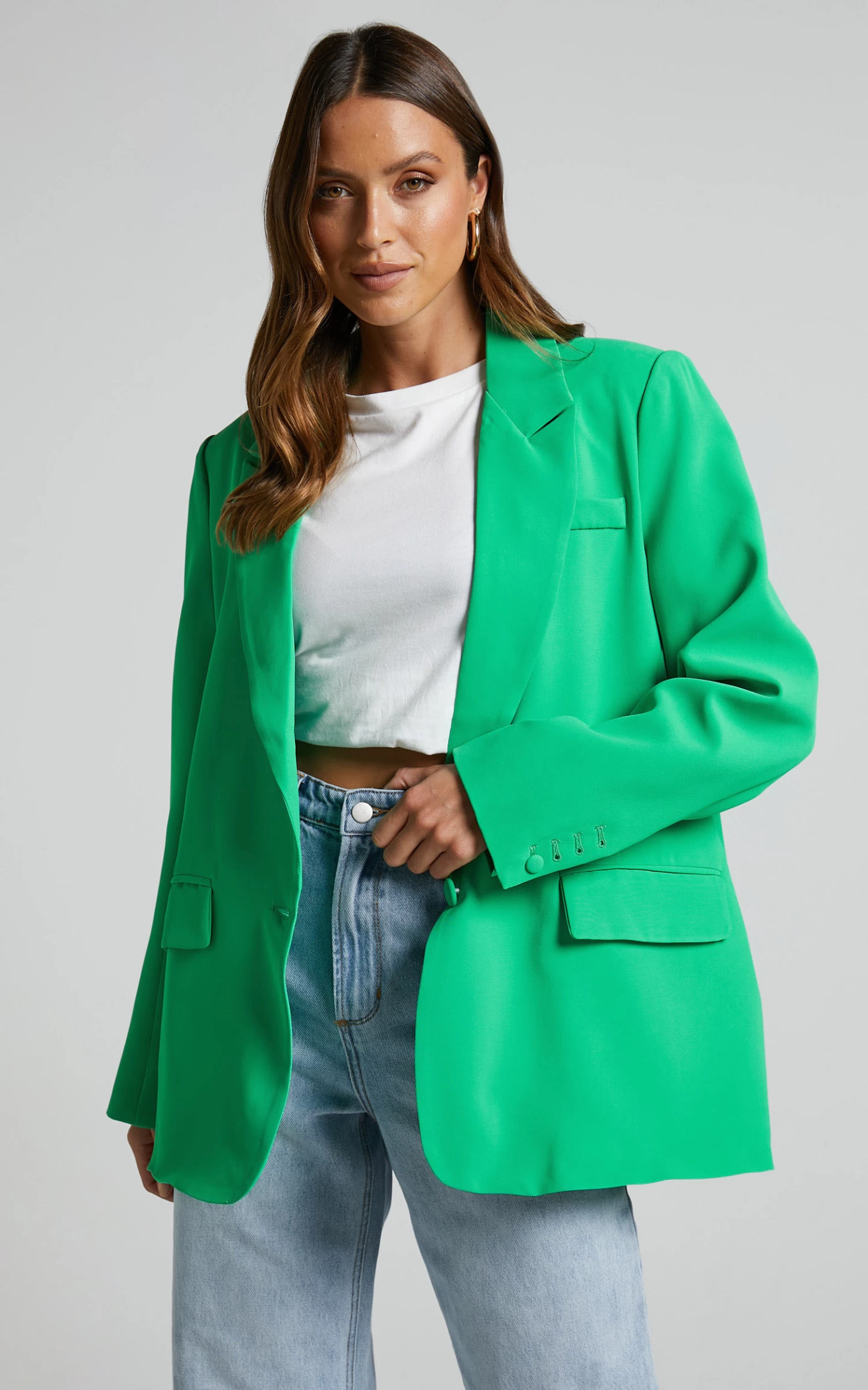 Showpo Michelle Oversized Plunge Neck Button Up Blazer In Green - Image 6