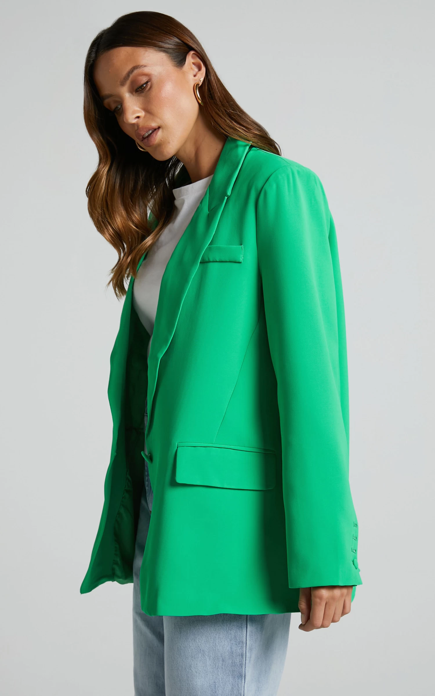 Showpo Michelle Oversized Plunge Neck Button Up Blazer In Green - Image 4
