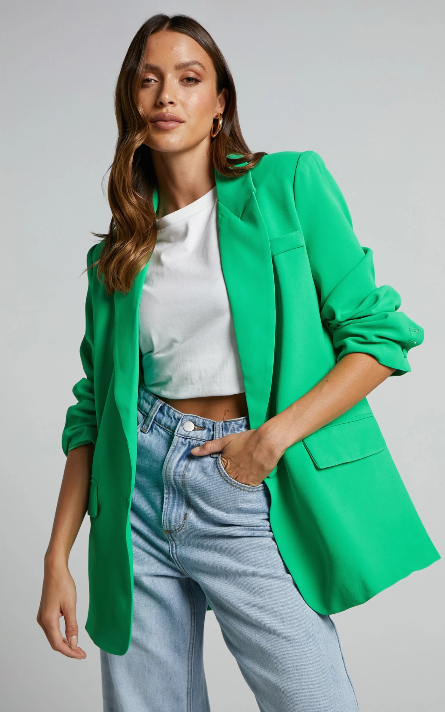 Showpo Michelle Oversized Plunge Neck Button Up Blazer In Green - Image 2