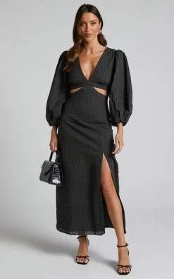 Showpo Miggy Midi Dress - Puff Sleeve Cut Out Split Dress In Black