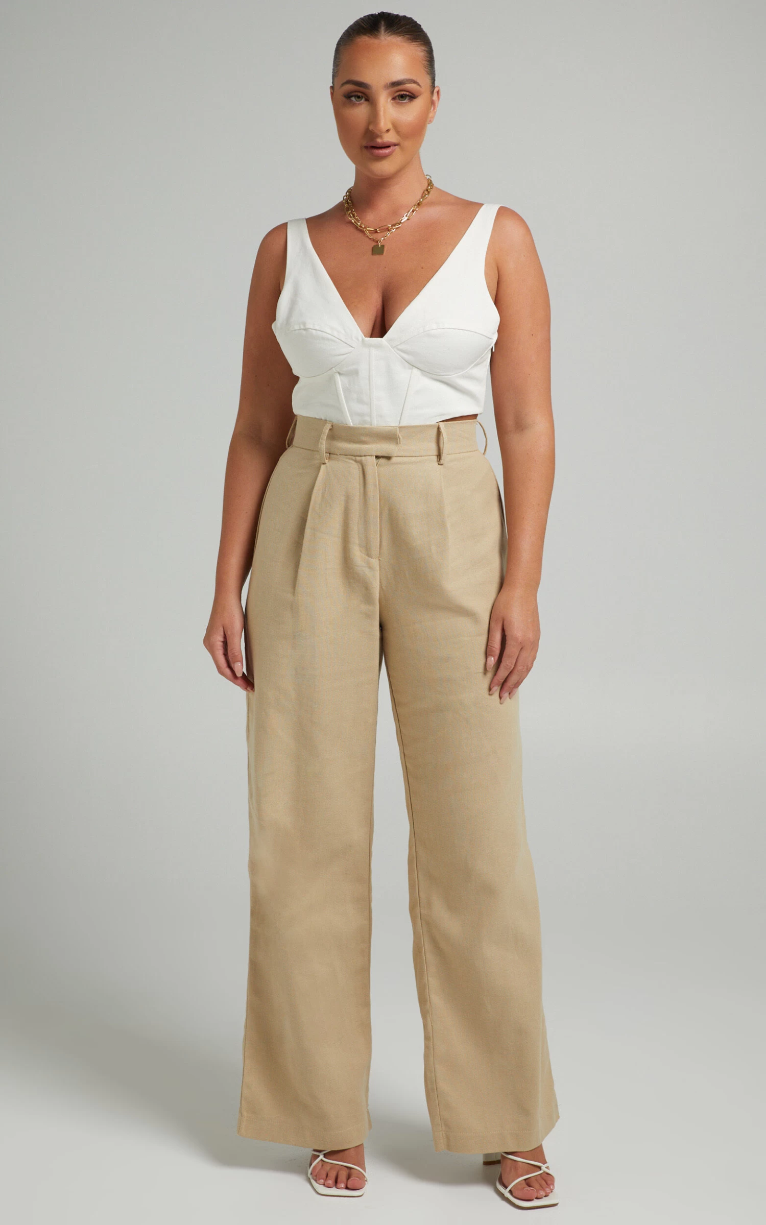 Showpo Mekaila High Waisted Tailored Pants In Beige Linen Look - Image 3