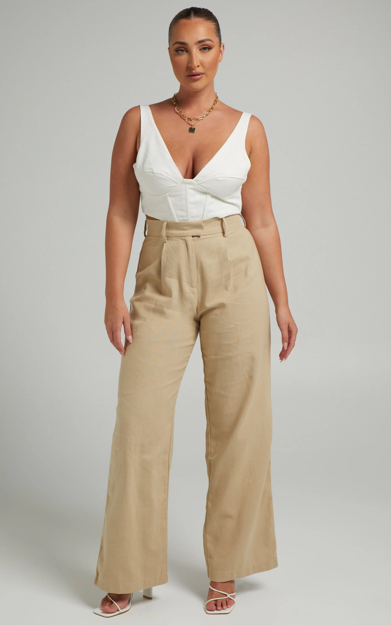 Showpo Mekaila High Waisted Tailored Pants In Beige Linen Look - Image 5