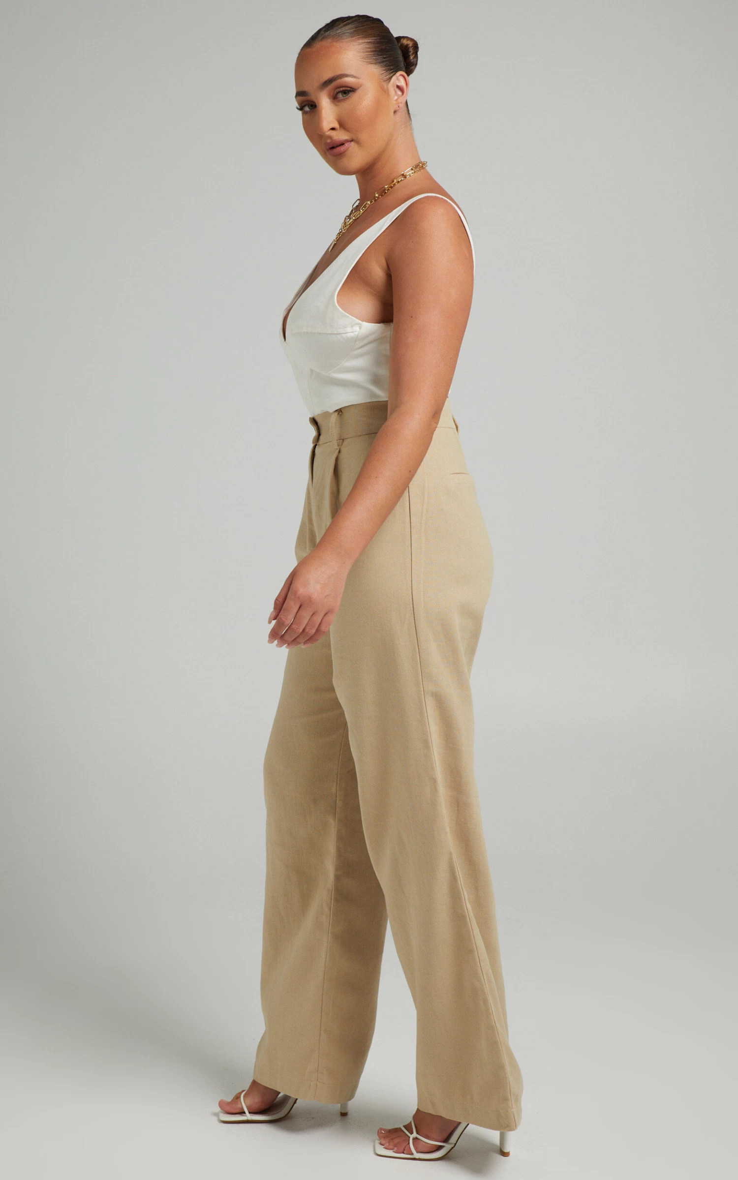 Showpo Mekaila High Waisted Tailored Pants In Beige Linen Look - Image 6
