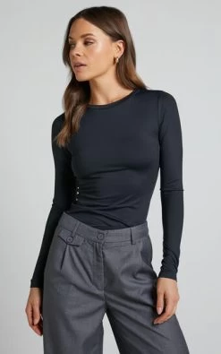 Showpo Morena Long Sleeve Fitted Top In Black