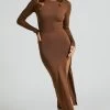 Showpo Myrline Long Sleeve Knit Midi Dress In Chocolate