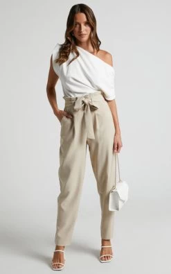 Showpo Annalise - High Waisted Paper Bag Waist Pants In Stone