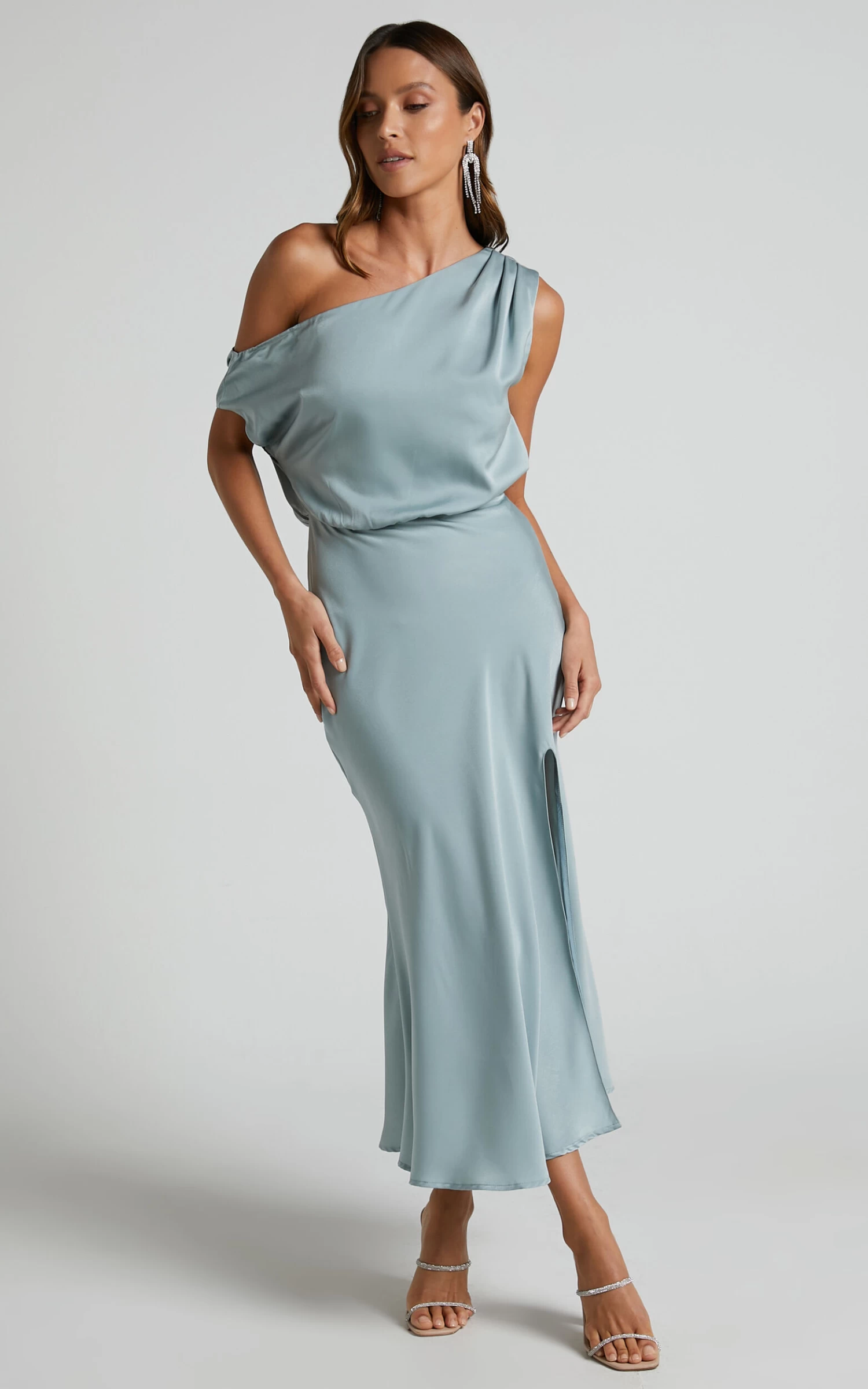 Showpo Nelya Midi Dress - High Low One Shoulder Dress In Blue Mist - Image 4