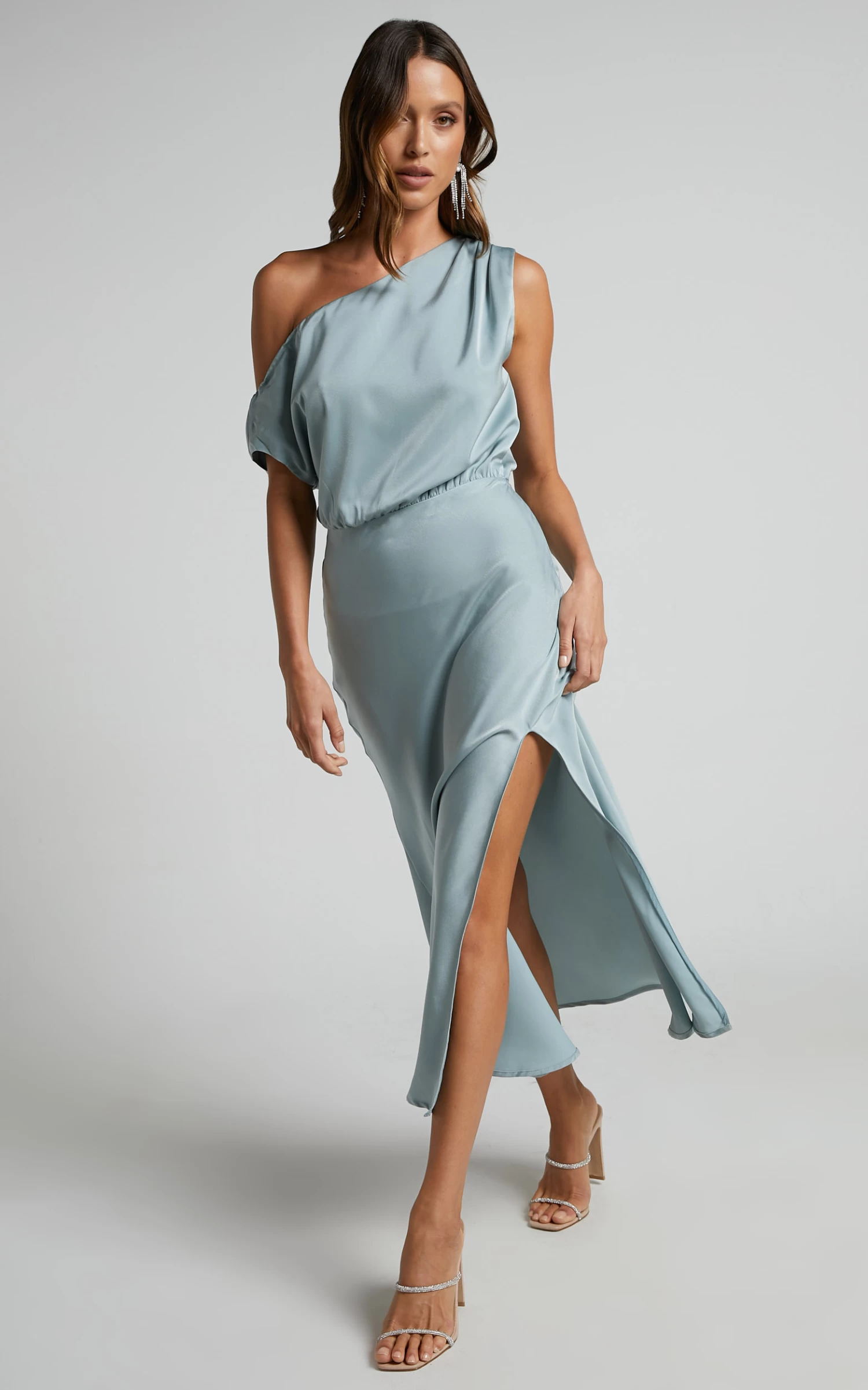 Showpo Nelya Midi Dress - High Low One Shoulder Dress In Blue Mist - Image 3