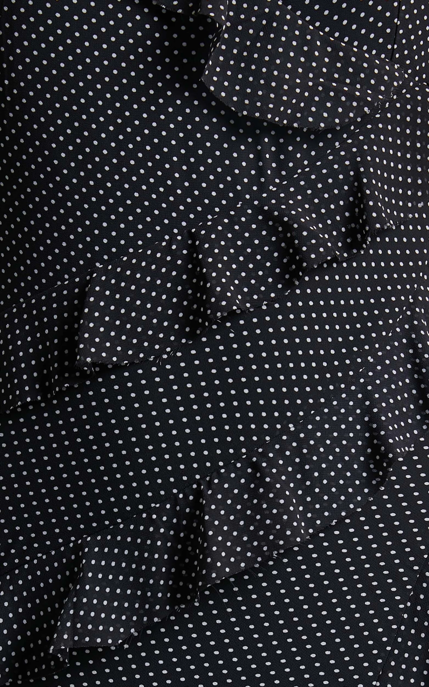 Showpo Nitha Asymmetrical Frill Thigh Slit Maxi Dress In Black Polka - Image 9