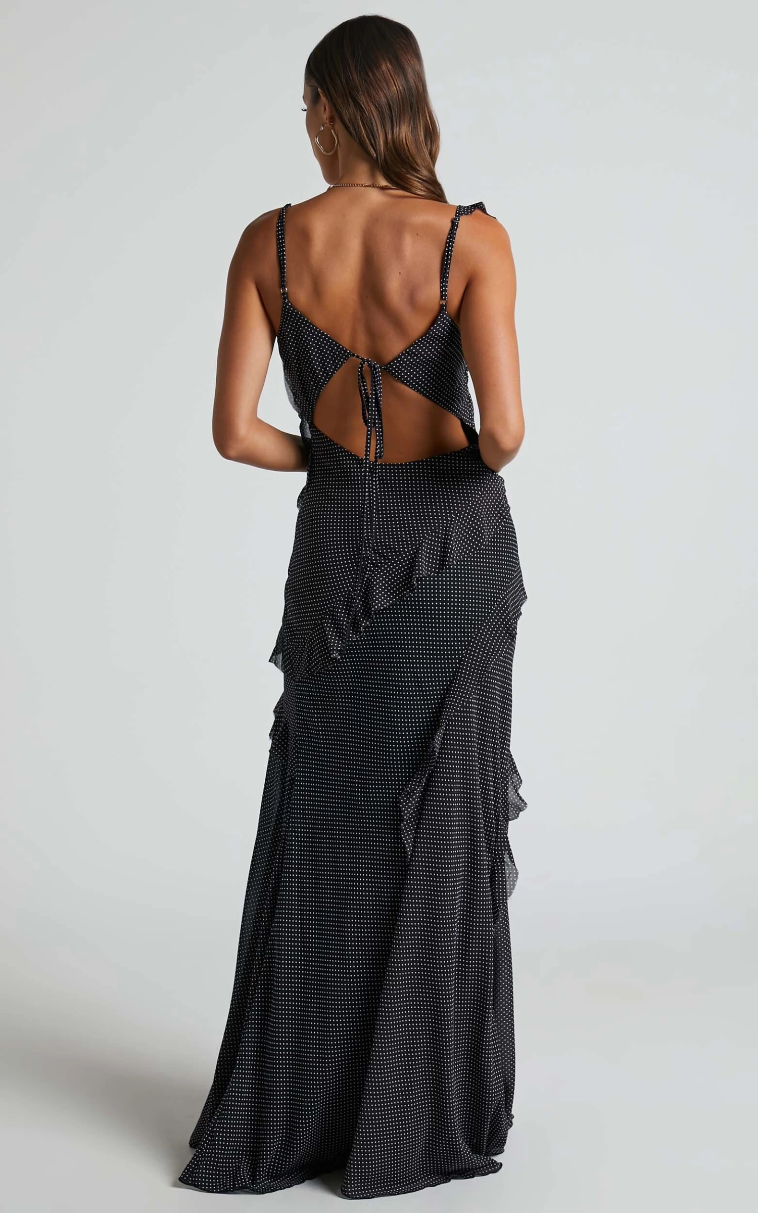 Showpo Nitha Asymmetrical Frill Thigh Slit Maxi Dress In Black Polka - Image 8