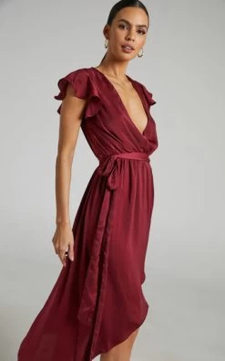 Showpo Novera Frill Sleeve Wrap Midi Dress In Wine
