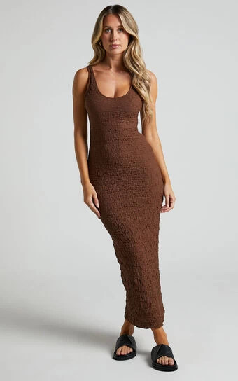 Showpo Novida Midi Dress - Textured Bodycon Dress In Chocolate