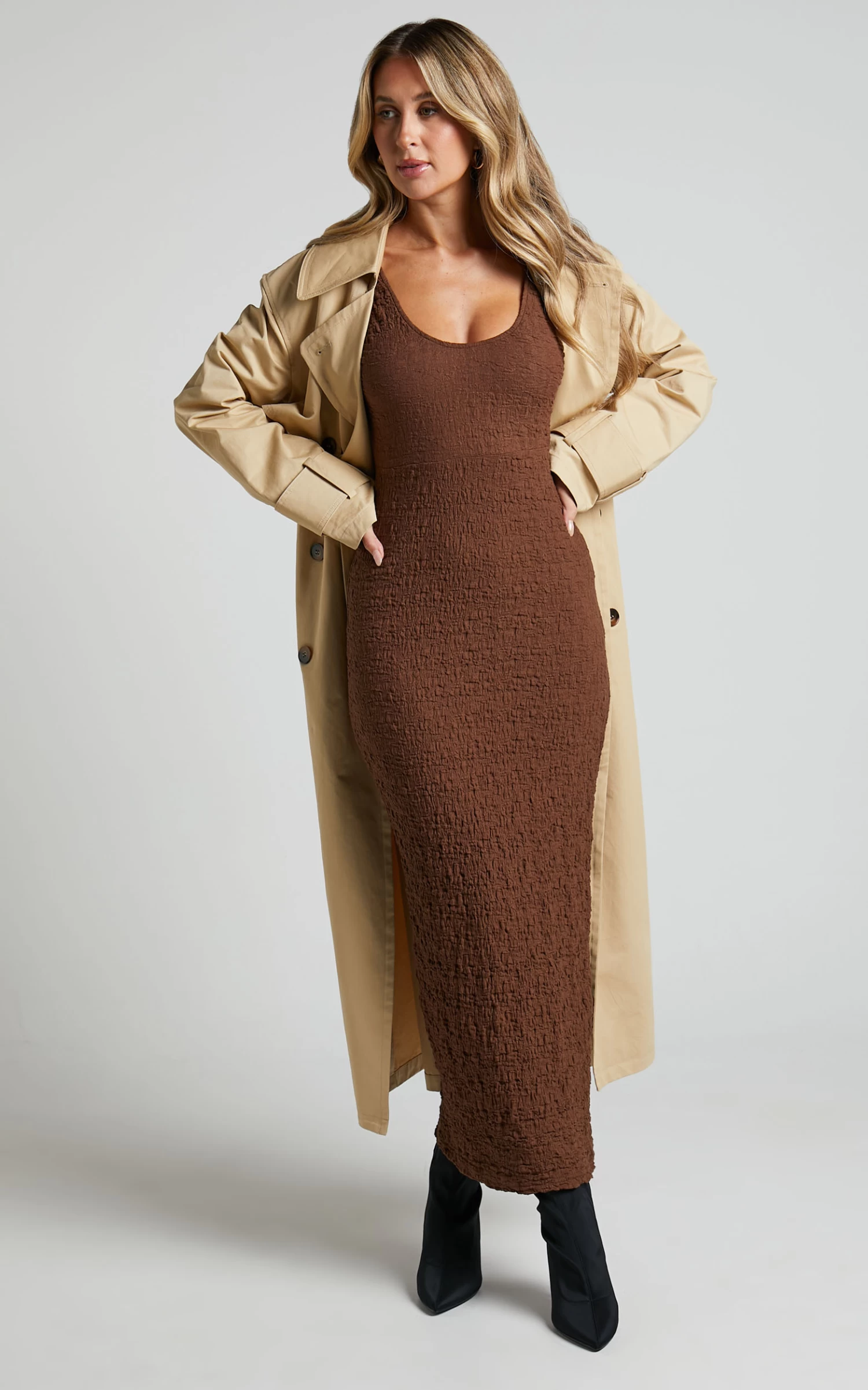 Showpo Novida Midi Dress - Textured Bodycon Dress In Chocolate - Image 3