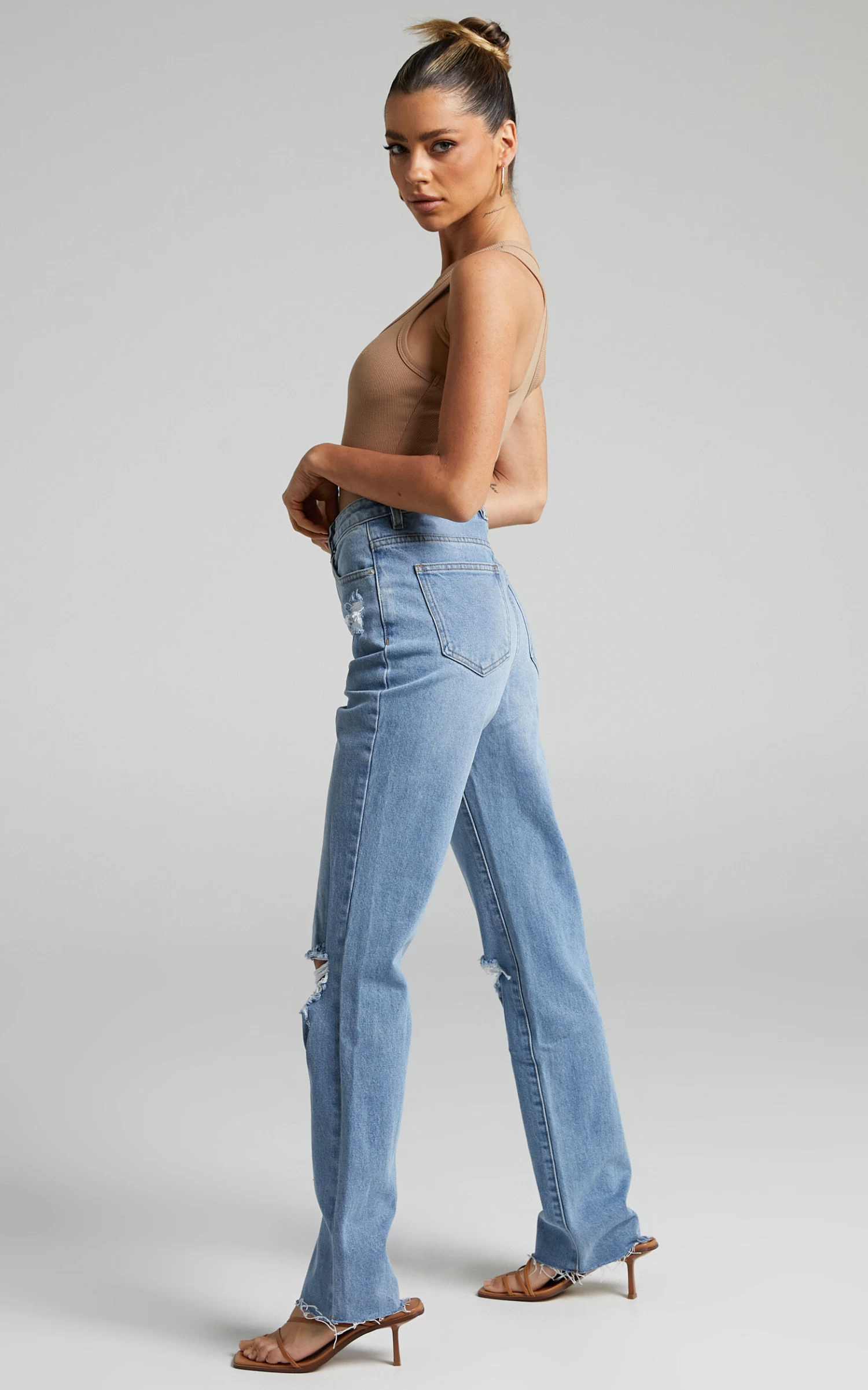 Showpo Precila Ripped Straight Leg Denim Jeans In Mid Blue Wash - Image 3