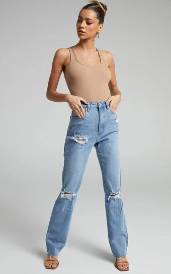 Showpo Precila Ripped Straight Leg Denim Jeans In Mid Blue Wash