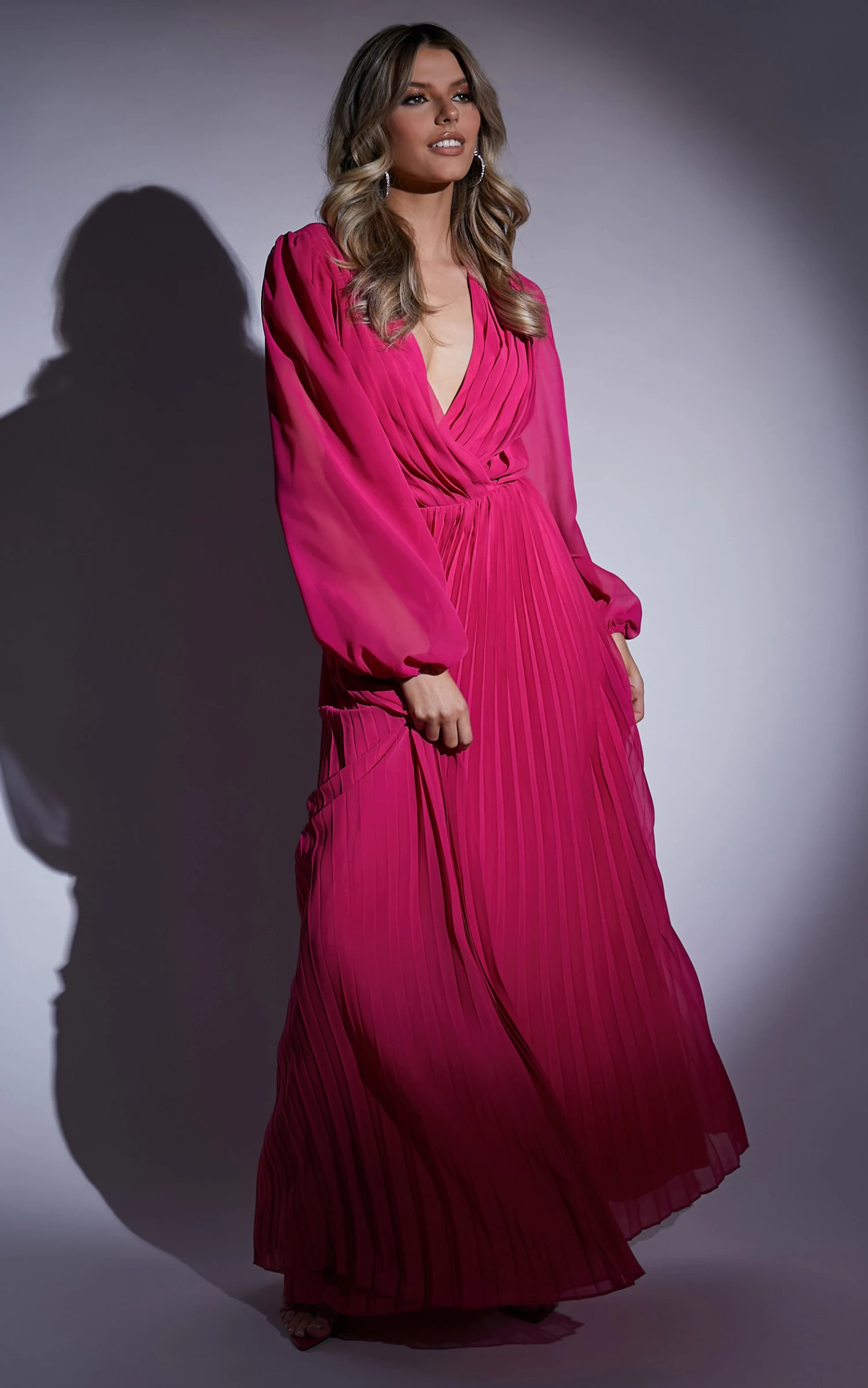 Showpo Palatine Long Sleeve Wrap Pleated Maxi Dress In Pink - Image 2