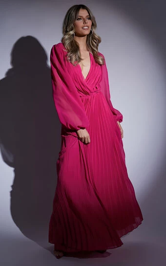 Showpo Palatine Long Sleeve Wrap Pleated Maxi Dress In Pink