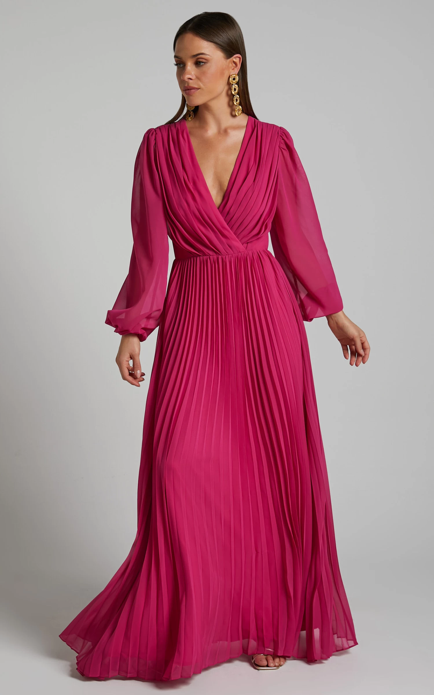 Showpo Palatine Long Sleeve Wrap Pleated Maxi Dress In Pink - Image 8