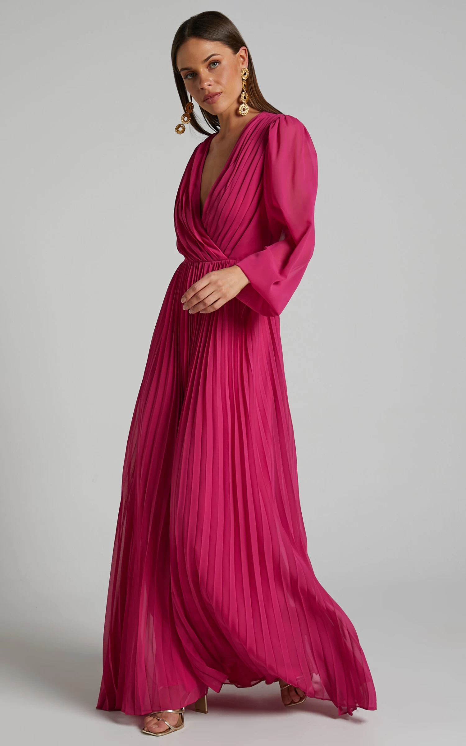 Showpo Palatine Long Sleeve Wrap Pleated Maxi Dress In Pink - Image 3